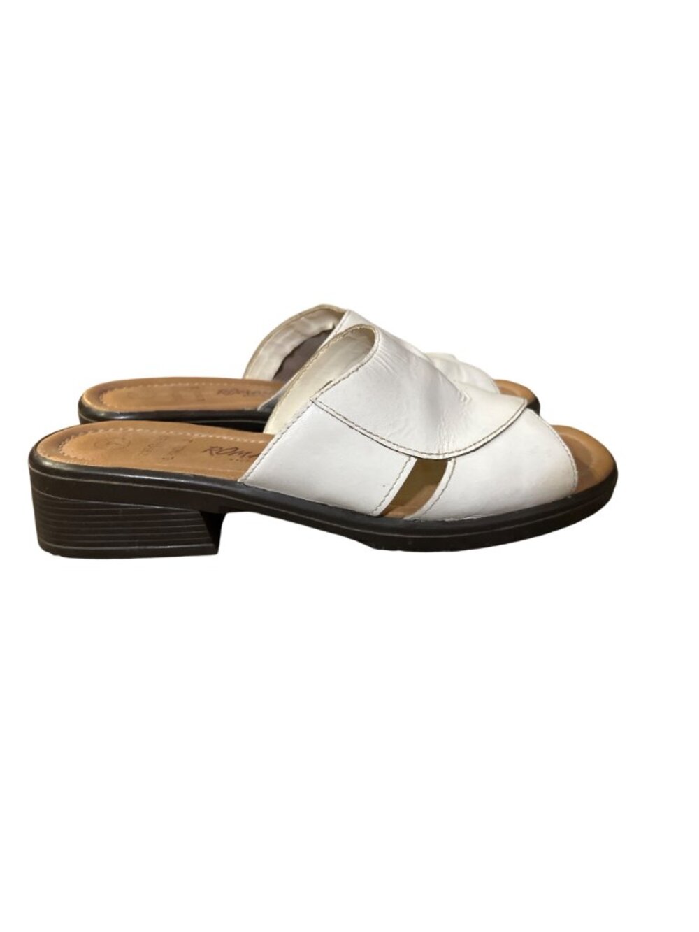 Vintage Romano White Leather Crossover Slide Sandals Block Heel Women's 7 Used - Picture 14 of 16